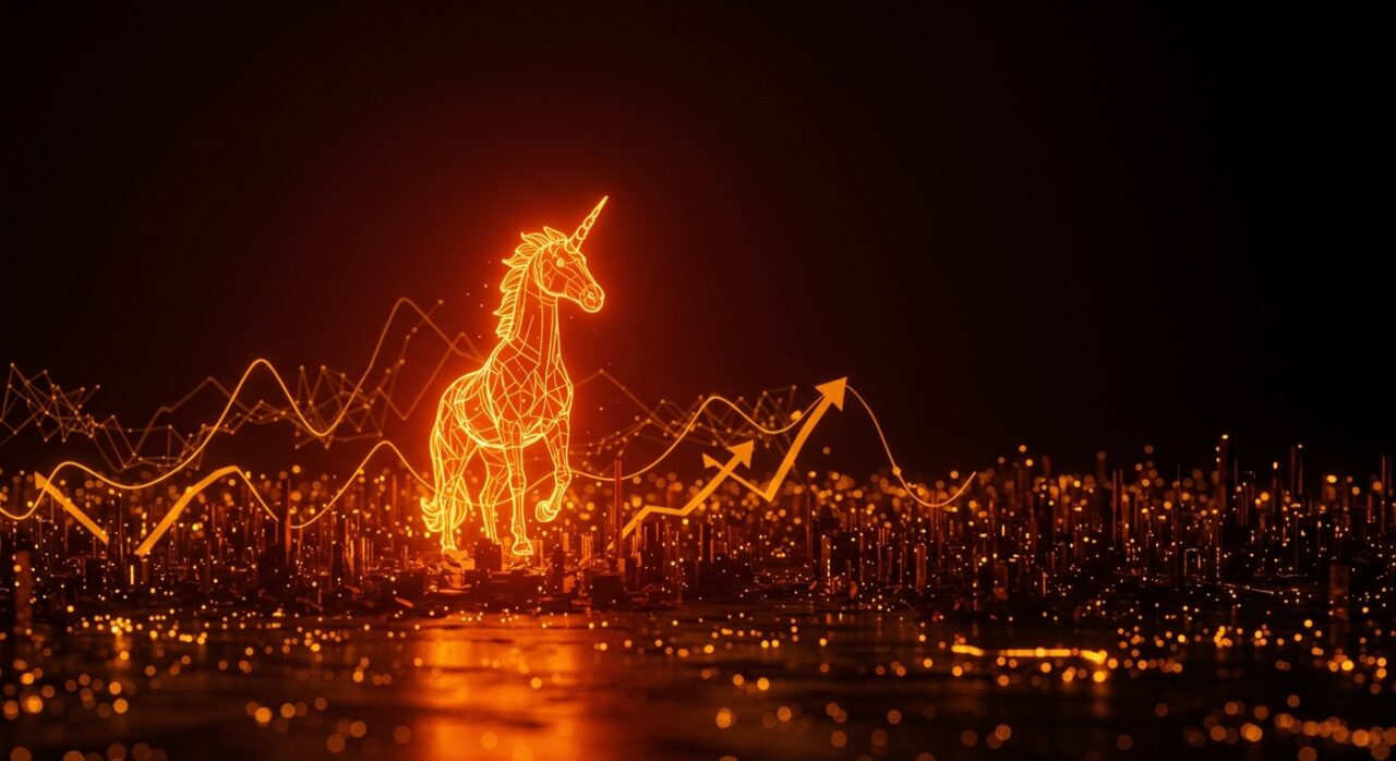 Imagen editorial cinematográfica de unicornio tecnológico simbolizando la valoración de 1.7B dólares de LMArena y el éxito en funding para startups de IA.