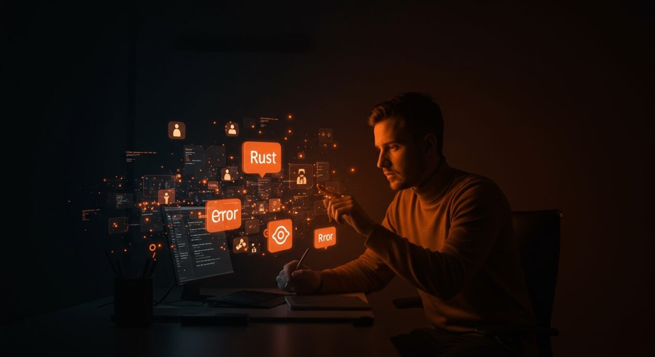 Manejo de errores en Rust para SaaS representado por desarrollador diseñando errores programáticos con símbolos abstractos y flujos digitales en paleta naranja y negro.