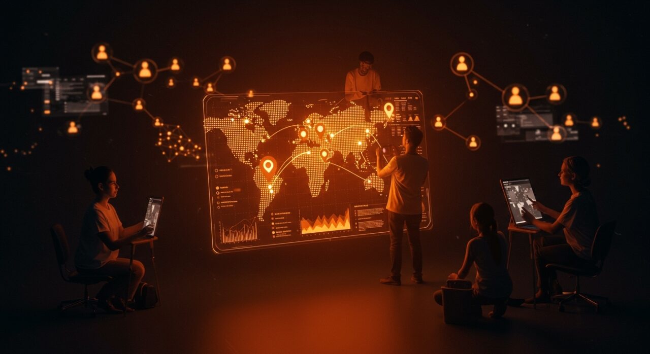 Mapa en tiempo real con crowdsourcing social mostrando datos geoespaciales y tendencias de inmigración en una interfaz colaborativa.