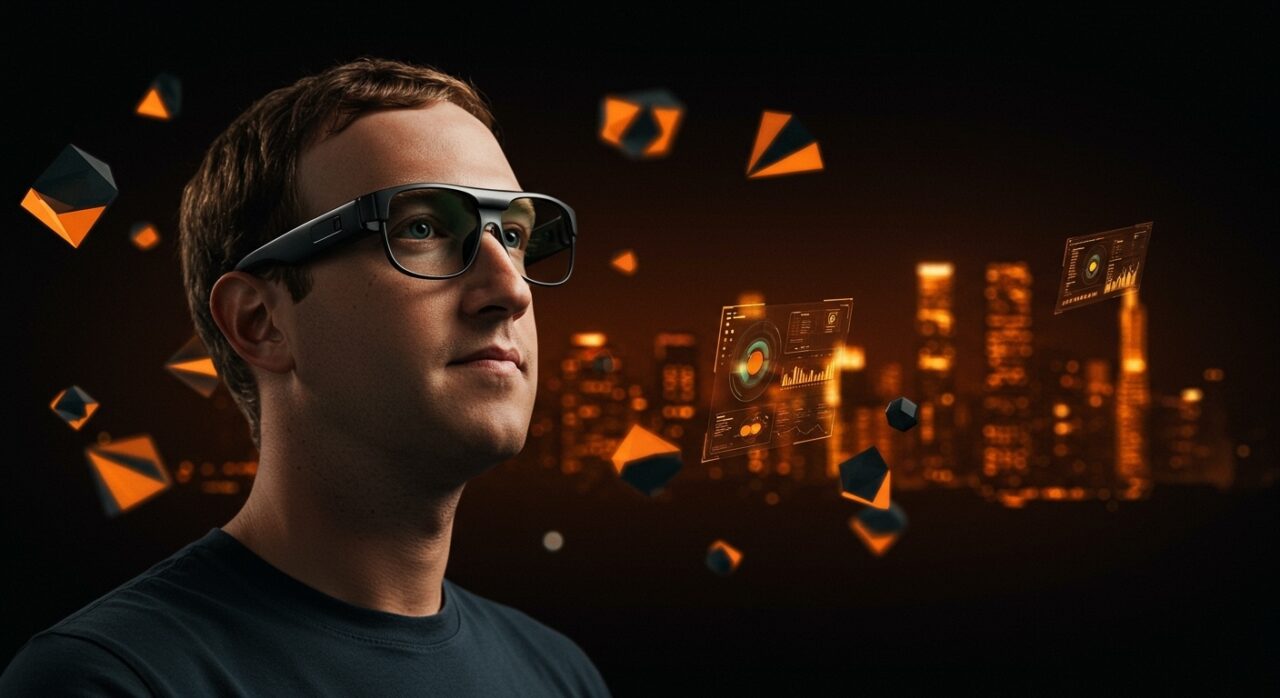 Mark Zuckerberg con gafas inteligentes en un ambiente futurista representando innovación tecnológica y tendencias en LATAM.