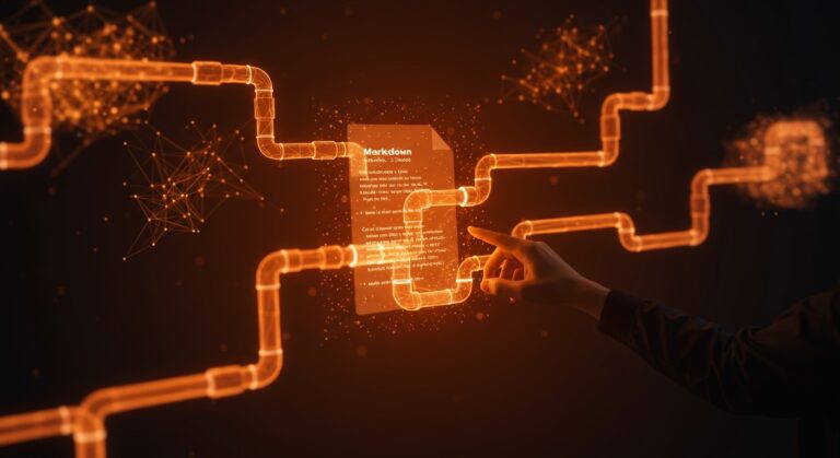 Visualización de markdown ejecutable y automatización con pipes Unix integrados con IA, representando workflows y orquestación en startups LATAM.