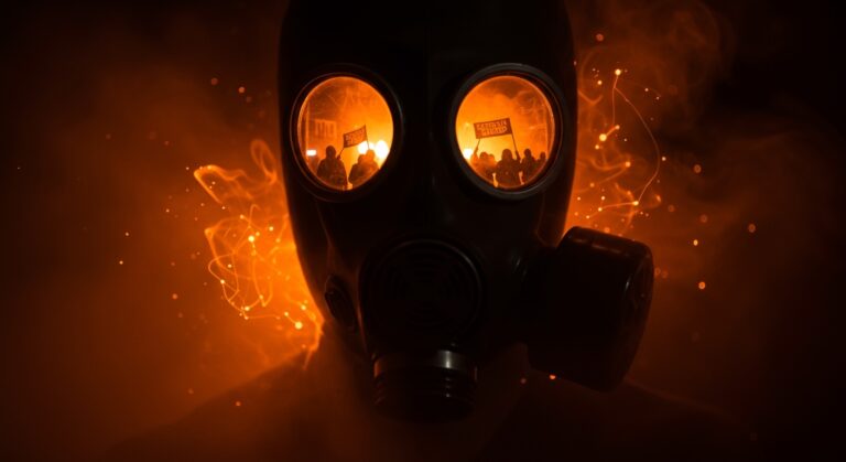 Máscara antigás en primer plano representando protección personal durante protestas y represión estatal en contextos sociales de LATAM.