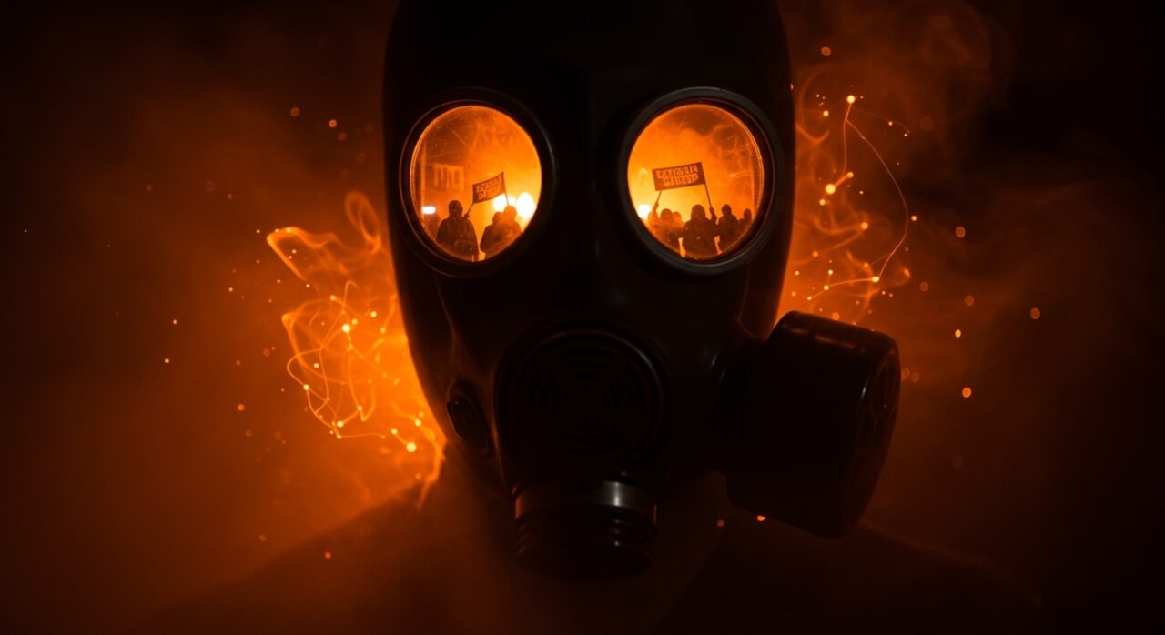 Máscara antigás en primer plano representando protección personal durante protestas y represión estatal en contextos sociales de LATAM.