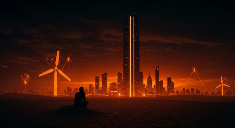 Megaproyecto de rascacielos de 1 km en el desierto, simbolizando sostenibilidad, urbanismo e innovación en el ecosistema startup LATAM.