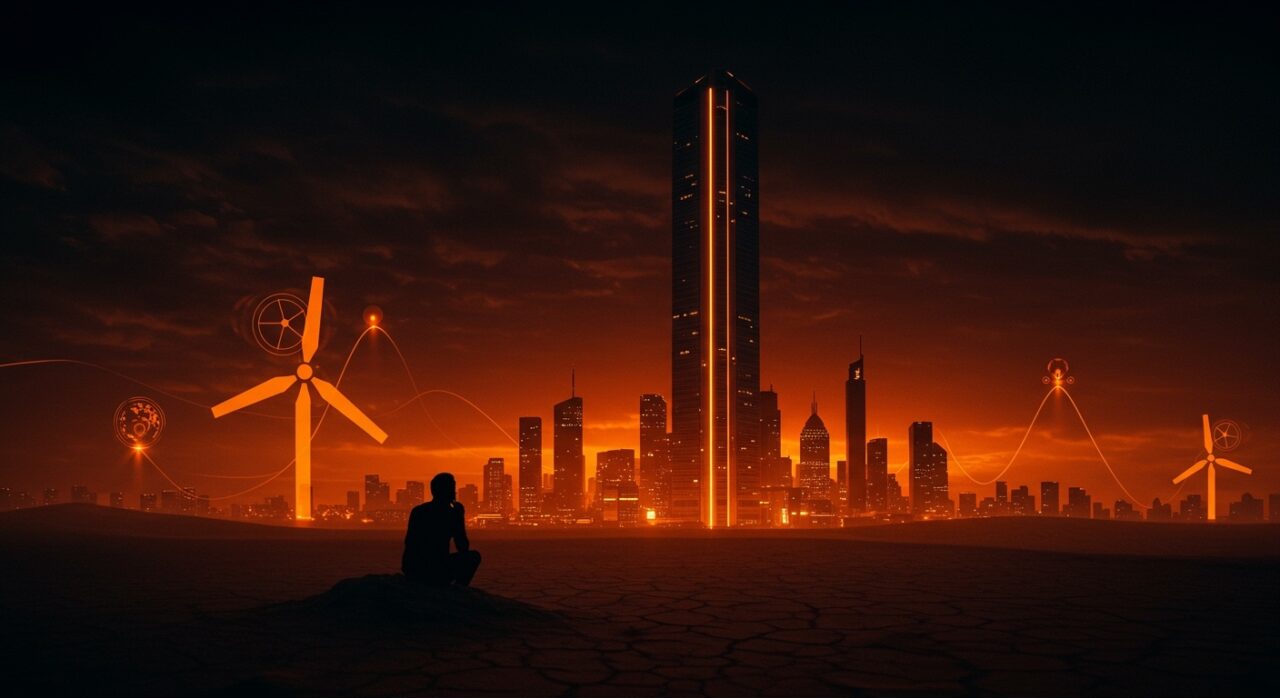 Megaproyecto de rascacielos de 1 km en el desierto, simbolizando sostenibilidad, urbanismo e innovación en el ecosistema startup LATAM.