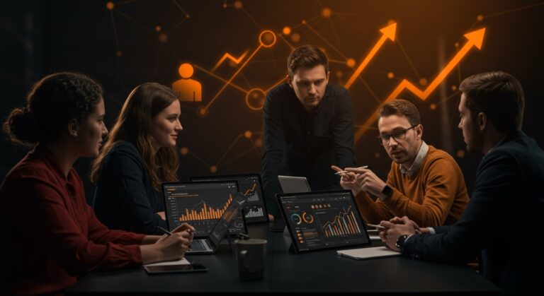 Mentorización y gestión de talento en startups representada con emprendedores colaborando y símbolos abstractos de crecimiento y retención de talento en ecosistema startup.