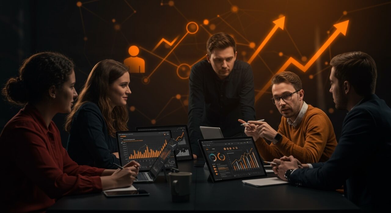 Mentorización y gestión de talento en startups representada con emprendedores colaborando y símbolos abstractos de crecimiento y retención de talento en ecosistema startup.