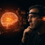 Sam Altman con una interfaz cerebro-computadora futurista y elementos visuales de inteligencia artificial, destacando la innovación de Merge Labs en tecnología BCI y tendencias de startups.