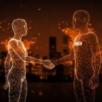 Adquisición de Manus por Meta representada por un agente de IA digital y una figura corporativa con símbolos de inteligencia artificial y crecimiento tecnológico.