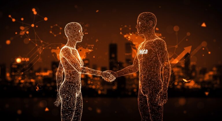 Adquisición de Manus por Meta representada por un agente de IA digital y una figura corporativa con símbolos de inteligencia artificial y crecimiento tecnológico.