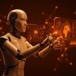 Ilustración de un agente autónomo de inteligencia artificial interactuando con interfaces holográficas, simbolizando la automatización y la innovación tecnológica de Meta y Manus.