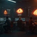 Equipo de startup enfrentando un outage de Microsoft 365 que impacta operaciones empresariales, simbolizando riesgos tecnológicos y disrupción en servicios cloud.