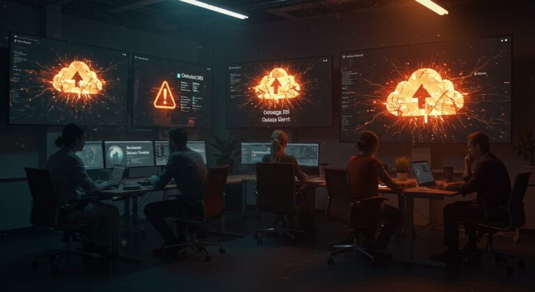 Equipo de startup enfrentando un outage de Microsoft 365 que impacta operaciones empresariales, simbolizando riesgos tecnológicos y disrupción en servicios cloud.