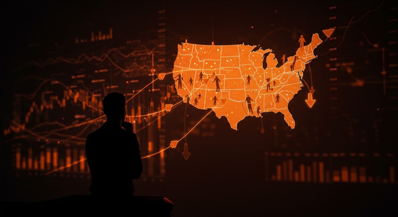 Migración neta negativa en Estados Unidos visualizada con flechas descendentes y mapa digital, resaltando impacto económico y oportunidades para startups LATAM.