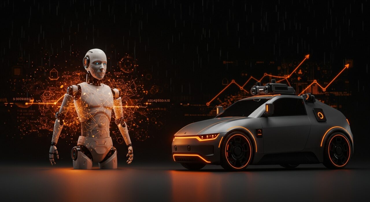 Robótica humanoide e inteligencia artificial destacadas en un entorno tecnológico con iluminación naranja y negra, representando la innovación y la inversión de Mobileye en startups.