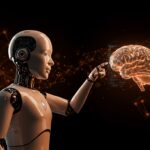 Robot humanoide interactuando con interfaz digital que representa Mobileye y Mentee Robotics en robótica e IA aplicada para startups LATAM.