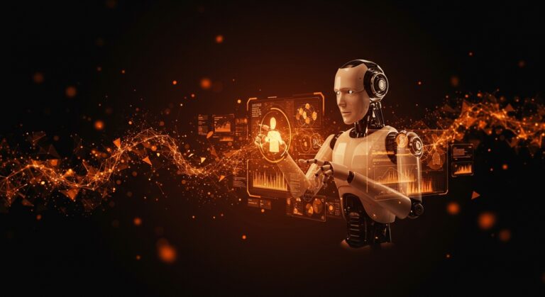 Robot con inteligencia artificial autoaprendiendo en un entorno digital, representando innovación y automatización en tecnología para startups.