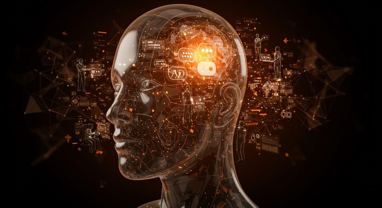 Modelo IA con debate interno representado por una cabeza humanoide luminosa con burbujas de diálogo, simbolizando mejora de precisión y técnicas avanzadas para founders y CTOs LATAM.