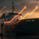 Buque eléctrico moderno junto a estación de carga avanzada, simbolizando tecnología limpia e inversión en startups en transporte marítimo sostenible.