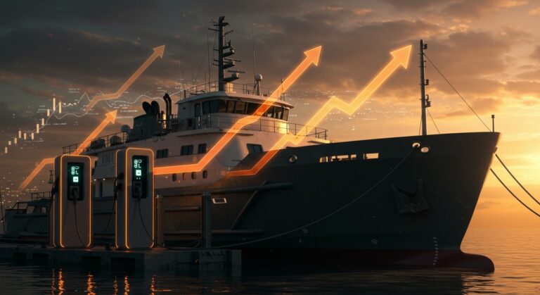 Buque eléctrico moderno junto a estación de carga avanzada, simbolizando tecnología limpia e inversión en startups en transporte marítimo sostenible.