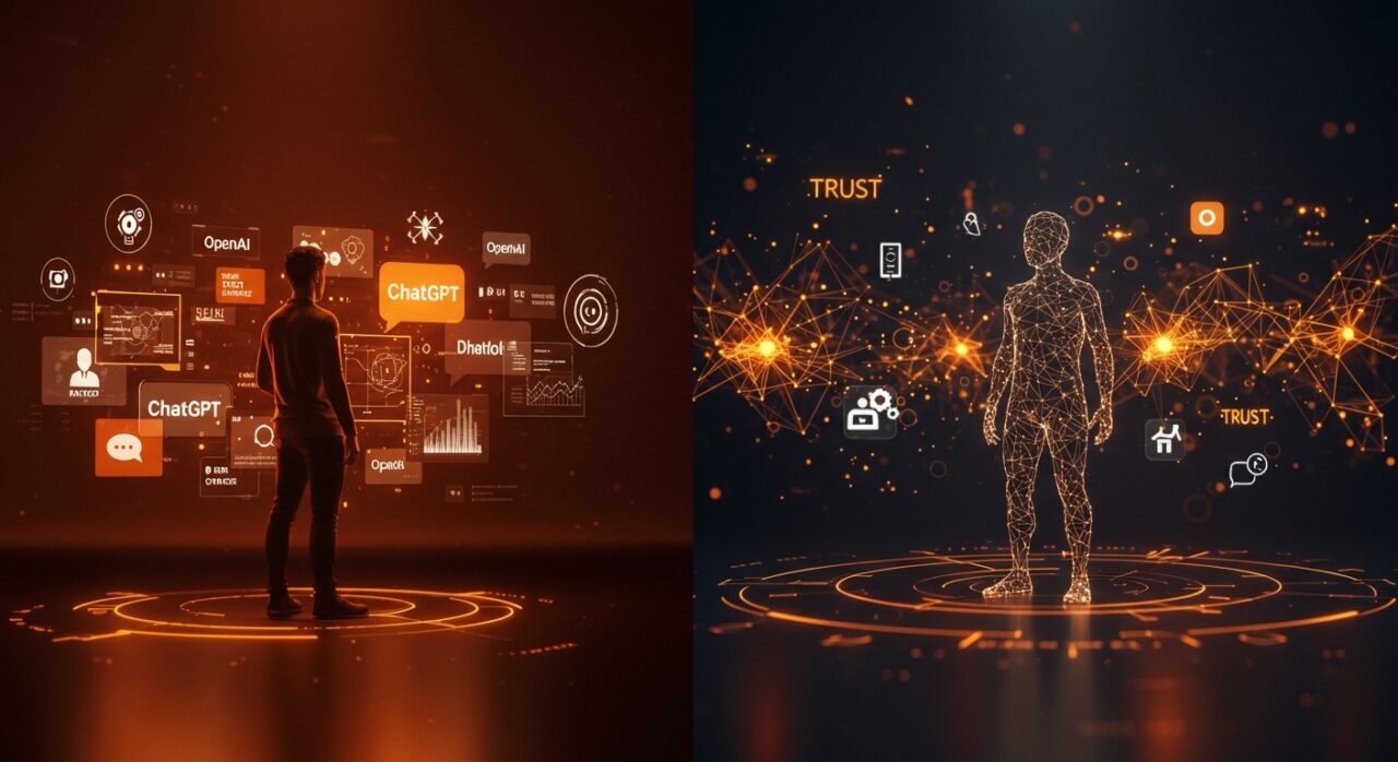 Comparativa visual de monetización IA entre OpenAI y DeepMind, mostrando estrategias de publicidad y confianza para startups en LATAM.