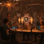 Equipo de startup interactuando con Moonshot AI Kimi K2.5, el modelo LLM open source más potente con agentes paralelos y multimodalidad para autonomía y escalabilidad en IA.