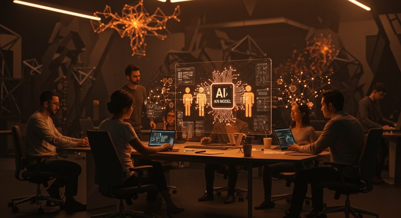 Equipo de startup interactuando con Moonshot AI Kimi K2.5, el modelo LLM open source más potente con agentes paralelos y multimodalidad para autonomía y escalabilidad en IA.