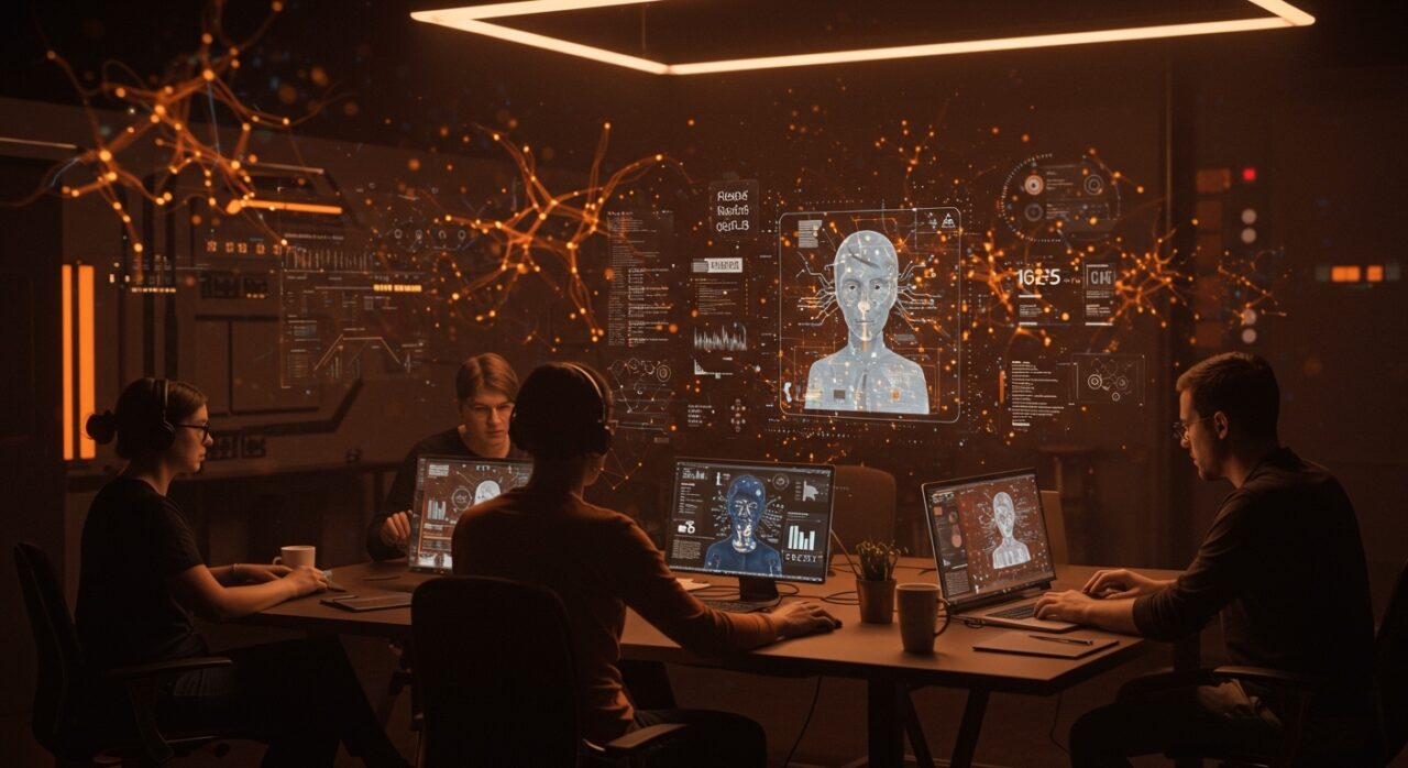 Equipo de founders tech colaborando con el modelo open source de IA Kimi K2.5 en un ambiente futurista que resalta la inteligencia artificial aplicada para startups LATAM.