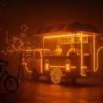 Food cart urbano impulsado por baterías de e-bike, representando movilidad sostenible e innovación tecnológica en startups de LatAm.