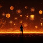 Estrategia de IA open source de Mozilla representada con redes neuronales abstractas y un horizonte digital en tonos naranja y negro.