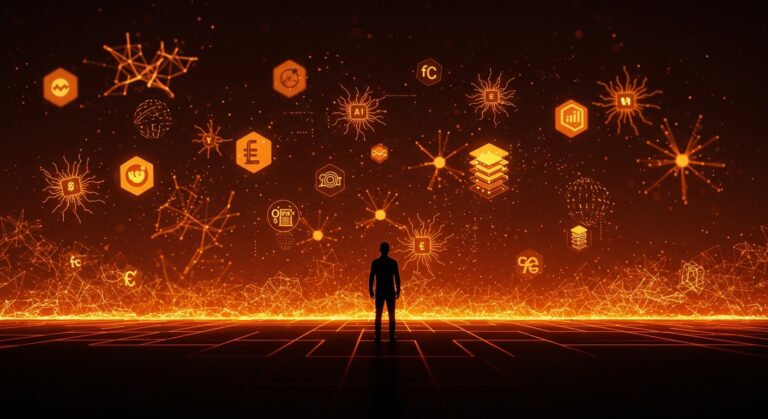 Estrategia de IA open source de Mozilla representada con redes neuronales abstractas y un horizonte digital en tonos naranja y negro.