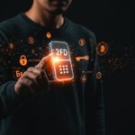 Fundador tech usando mTOTP para autenticación 2FA manual y segura, con símbolos digitales de seguridad y criptografía en fondo oscuro con tonalidades naranja y negro.