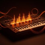 Triadex Muse con ondas electrónicas en naranja y negro, simbolizando la historia e innovación en música generativa y tecnología para startups.