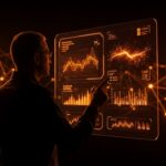 Satya Nadella con interfaz digital futurista representa la inteligencia artificial como aliada clave en startups e innovación tecnológica.