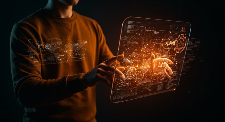 Programador interactuando con interfaz holográfica de código y redes neuronales que representan NanoLang, lenguaje de programación para IA, LLM y automatización open source.