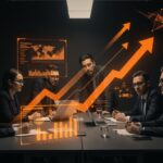 Negociación colectiva multinivel en Chile representada por profesionales colaborando con metáforas visuales de productividad, mercado laboral y políticas públicas en un estilo editorial ecosistema startup.