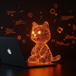 Mascota de software Neko hecha de líneas de código naranja en un entorno tecnológico open source, simbolizando su impacto en la comunidad y legado.
