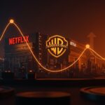 Adquisición de Netflix y Warner Bros representada con un fundador observando un horizonte tecnológico, simbolizando las tendencias e impacto en startups de entretenimiento.