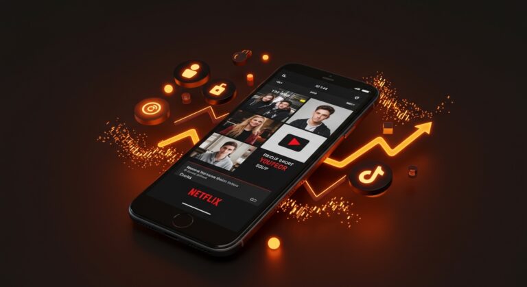 Rediseño app móvil Netflix con video corto para competir con plataformas sociales como YouTube y TikTok, representando tendencias de video y engagement digital.