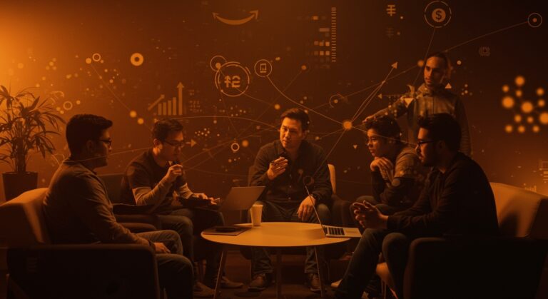 Networking y mentoría para startups en AWS Founders Retreat, mostrando colaboración, diversidad y acceso a funding en un entorno tecnológico.