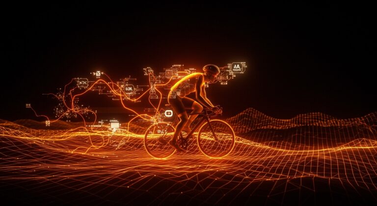Simulación de ciclismo avanzada con IA aplicada y neuroevolución representada por patrones de redes neuronales y algoritmos genéticos en un ambiente tecnológico.