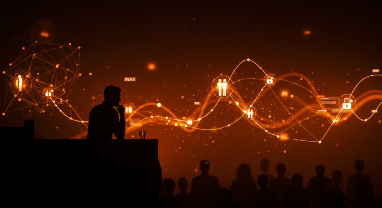 Debate ético del contrato NHS-Palantir sobre IA y datos de salud representado con visuales de redes de datos y gobernanza tecnológica en tonos naranja y negro.