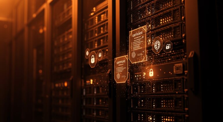 Certificados TLS de 6 días e IP representados sobre servidores con iluminación naranja y negra, destacando la seguridad automatizada de Let’s Encrypt en startups.