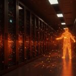 Inversión de Nvidia en CoreWeave ampliando infraestructura de inteligencia artificial con capacidad de 5GW en un centro de datos futurista.