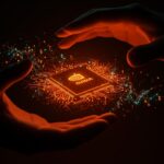 Chip AI H200 de Nvidia iluminado en tonos naranja y negro, simbolizando pago anticipado y desafíos regulatorios en el mercado chino de tecnología AI.