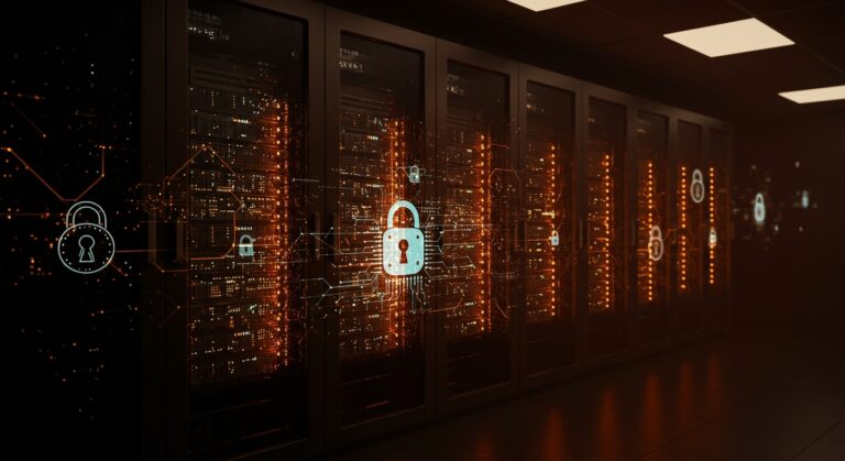 Centro de datos futurista con cifrado rack-scale y computación confidencial Nvidia Rubin para seguridad en IA empresarial.