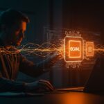 Founder tech trabajando con visualización holográfica de programación multicore en OCaml para innovación en startups.