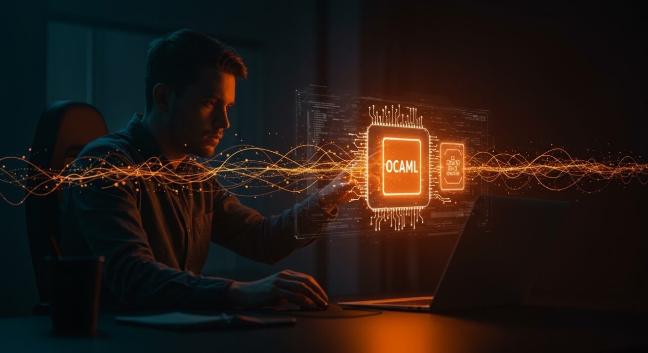 Founder tech trabajando con visualización holográfica de programación multicore en OCaml para innovación en startups.