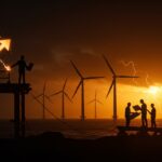 Paralización de proyectos de energía eólica offshore por retos regulatorios, representada con turbinas y desarrolladores en espera.