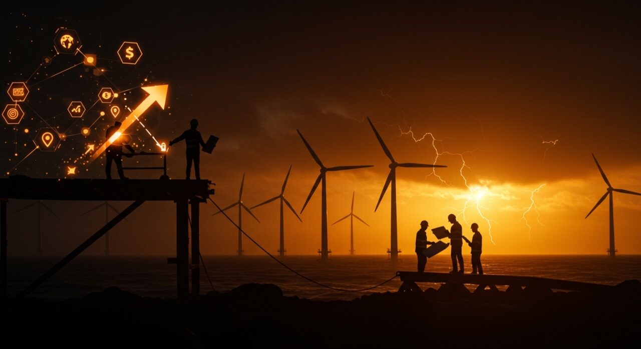 Paralización de proyectos de energía eólica offshore por retos regulatorios, representada con turbinas y desarrolladores en espera.